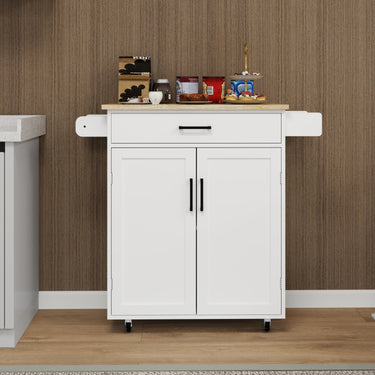 Kitchen island rolling trolley cart with 1 drawer & 2 doors with storage racks & Adjustable Shelves & towel rack & seasoning rack rubber wood table top - WhiteMUTUKISPACE