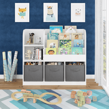 Kids Bookcase and Bookshelf, Multifunctional Bookcase with 3 Collapsible Fabric Drawers, Bookcase Display Stand, Toy Storage Organizer for Bedroom, Playroom, Hallway (White/Gray)MUTUKISPACE