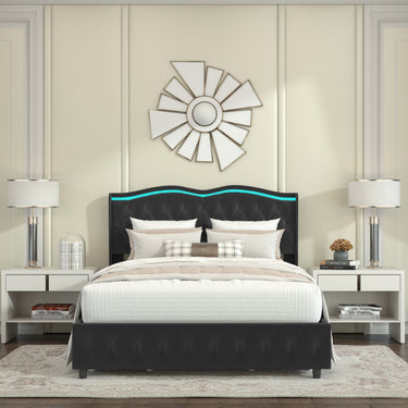 Queen Platform Bed Frame , Velvet Upholstered Bed with Deep Tufted Buttons and Nailhead Trim, Adjustable Colorful LED Light Decorative Headboard, Bed Sides with Pull - Out Storage 4 Drawers, BlackMUTUKISPACE