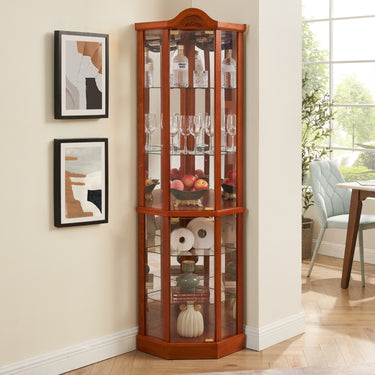 Oak Lighted Corner Glass Display Cabinet, Curio and Wine Cabinet with Adjustable Glass Shelves and Carved Detailing, Light IncludedMUTUKISPACE