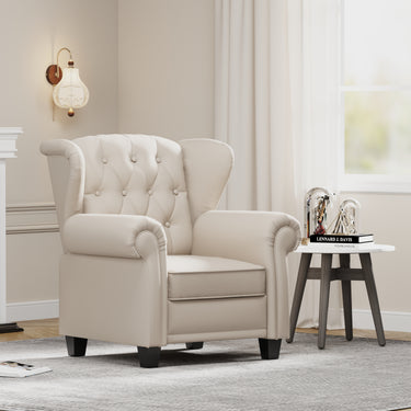 Modern Tufted Push Back Armchair Technical Leather Chair, Adjustable Single Sofa Chair with Sturdy Wood Legs for Bedroom, Living Room, Small Space(Color:Beige)MUTUKISPACE