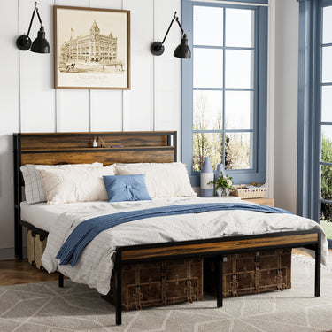 Full Size Metal Bed Frame with Headboard and Footboard, LED Lighting, Black Heavy Duty Mattress Foundation with Steel Slat Support, Noise Free,81.73"L x 54.13"W x 38.96"HMUTUKISPACE