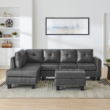Sectional 3 - Seaters Sofa , reversible recliner, Storage pad and wood grain cup holder, Non - slip leg, pu, greyMUTUKISPACE