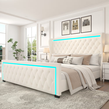 Queen Platform Bed Frame With High headboard, Velvet Upholstered Bed with Deep Tufted Buttons, Adjustable Colorful LED Light Decorative Headboard, Wide Wingbacks, BEIGEMUTUKISPACE
