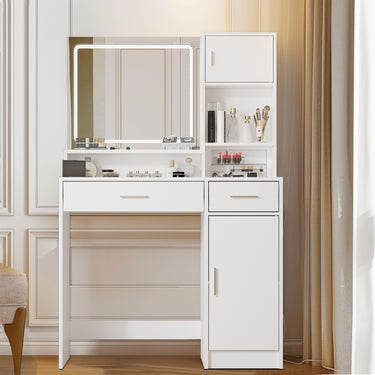 Vanity Desk with Mirror and LED Light Strip,Dressing Table with Large Drawer, 3 Level Storage Dresser & 3 Lighting Modes Adjustable Brightness, Suitable for Bedroom(White)MUTUKISPACE