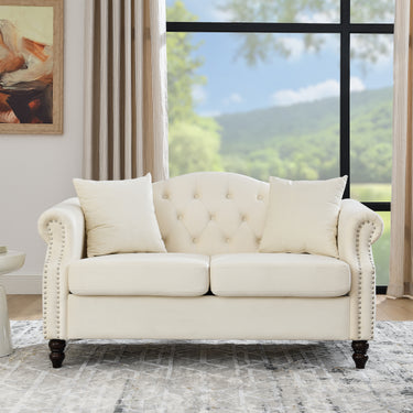 57" Chesterfield Sofa Grey Velvet for Living Room, 2 Seater Sofa Tufted Couch with Rolled Arms and Nailhead for Living Room, Bedroom, Office, Apartment, two pillowsW834S00074MUTUKISPACE