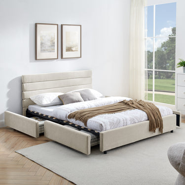 Queen Cushioned Bed Frame with Solid Base and Headboard, BeigeMUTUKISPACE