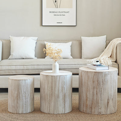 Set of 3 Whitewashed Wood Coffee Tables – Clear & Visible Tree Rings