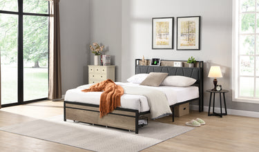 Queen Size Metal Platform Bed Frame with upholstery storage function Headboard and USB LINER and Footboard with drawers , No Box Spring Needed, Large Under Bed Storage, Easy AssembleMUTUKISPACE