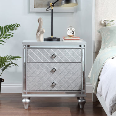 Contemporary Nightstands with mirror frame accents, Bedside Table with two drawers and one hidden drawer, End Table with Crystal Pull for Living Room,Bedroom, SilverMUTUKISPACE