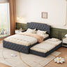 Queen Size Upholstered Platform Bed with Twin Size Trundle and USB Ports , Decorate with copper nails,Linen Fabric, Dark GreyMUTUKISPACE