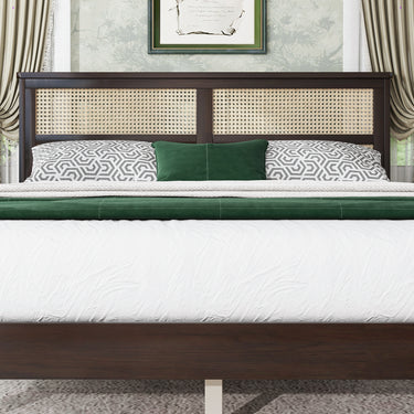 Queen Solid Rubber Wood Bed Frame with Rattan Headboard and Reinforced Support FeetMUTUKISPACE