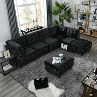 L shape Modular Sectional Sofa,DIY Combination,includes Three Single Chair ,Two Corner and Two Ottoman,Black Velvet.MUTUKISPACE