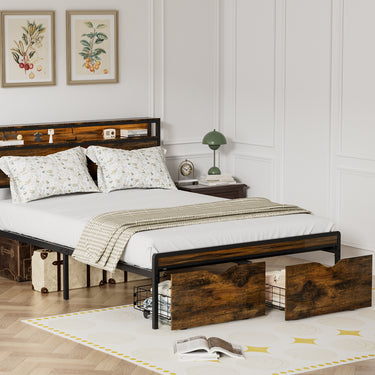 Full Size Metal Bed Frame with Drawer, Black Heavy Duty Mattress Foundation with Steel Slat Support, Noise Free,81.73"L x 54.13"W x 38.96"HMUTUKISPACE