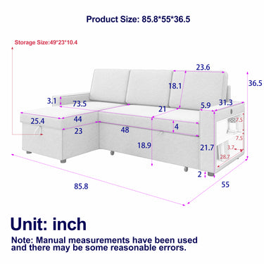 85.8" Pull Out Sleeper Sofa L - Shaped Couch Convertible Sofa Bed with Storage Chaise And Storage Racks,With USB Port And T - pyce PortMUTUKISPACE