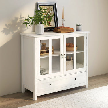 Buffet storage cabinet with double glass doors and unique bell handleMUTUKISPACE