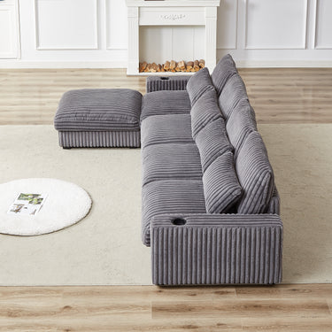 128 - inch Corduroy With Cup Holder Super Large L - Shaped Sofa, Movable Footrest, Four Waist Pillows And Four Back Cushion, With USB Port And T - pyce PortMUTUKISPACE