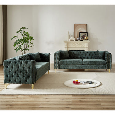 Chenille Pull Buckle Design Sofa for Living Room,Buttons Tufted With Copper Nail Decoration Armrest, Modern Couch Upholstered Button And Metal LegsMUTUKISPACE