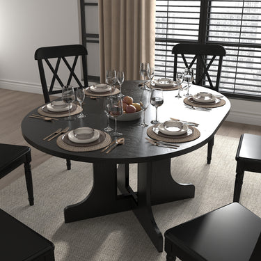 Dining Table for Farmhouse Kitchen 59x43 Inch Expandable Oval Table Top with Removable Leaf Trestle X Shaped Base BlackMUTUKISPACE