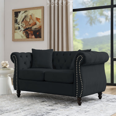 58.8" Chesterfield Sofa Black Velvet for Living Room, 2 Seater Sofa Tufted Couch with Rolled Arms and Nailhead for Living Room, Bedroom, Office, Apartment, two pillowsMUTUKISPACE