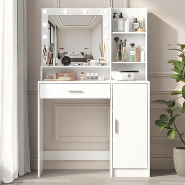 Vanity Desk with Mirror & Light, Large Drawer Three Level Storage Dresser, 3 Lighting Modes Adjustable Brightness, Bedroom Dressing Table (White)MUTUKISPACE