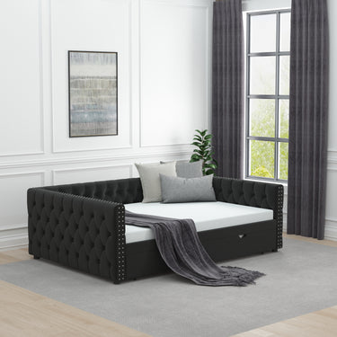 Daybed with Trundle Velvet Upholstered Tufted Sofa Bed, with Button and Copper Nail onSquare Arms,Full Daybed & Twin Trundle - For Bedroom, Living Room, Guest Room,(83"x57"x26")MUTUKISPACE