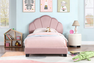 Upholstered Twin Size Platform Bed for Kids, Wooden Bed Frame with Slatted Bed Base, No Box Spring Needed, Cute Bed Frame with Shell Design Headboard for Girls Boys Teens, PinkMUTUKISPACE