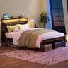 Full size Platform Bed Frame with 105 - Degree Tilted Upholstered Headboard, Charging Station, LED Lights, Noiseless, Black and BrownMUTUKISPACE