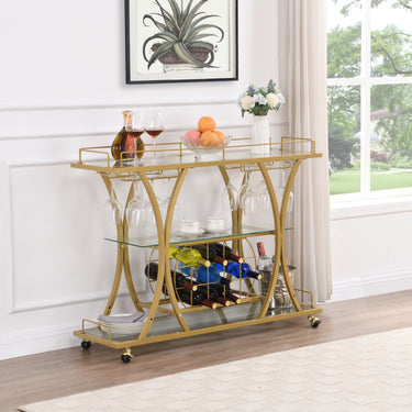 Golden Bar Cart with Wine Rack Tempered Glass Metal Frame Wine StorageMUTUKISPACE