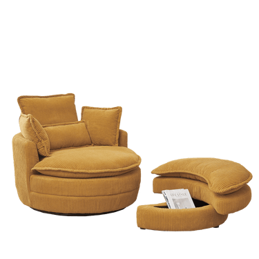 38"W Oversized Swivel Chair with moon storage ottoman for Living Room, Modern Accent Round Loveseat Circle Swivel Barrel Chairs for Bedroom Cuddle Sofa Chair Lounger Armchair, 4 Pillows,CORDUROYMUTUKISPACE