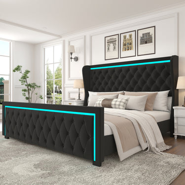 Queen Platform Bed Frame With High headboard, Velvet Upholstered Bed with Deep Tufted Buttons, Adjustable Colorful LED Light Decorative Headboard, Wide Wingbacks,BLACKMUTUKISPACE
