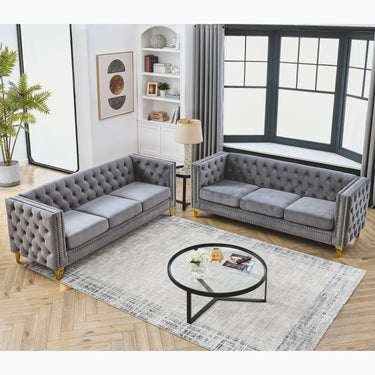 Velvet Sofa for Living Room,Buttons Tufted Square Arm Couch, Modern Couch Upholstered Button and Metal Legs, Sofa Couch for Bedroom, Grey Velvet .2PCSMUTUKISPACE