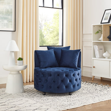 Velvet Upholstered Swivel Chair for Living Room, with Button Tufted Design and Movable Wheels, Including 3 Pillows, BlueMUTUKISPACE
