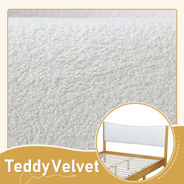 Queen Solid Rubber Wood Bed Frame with Teddy Velvet Upholstered Headboard and Reinforced Support Base in Beech WhiteMUTUKISPACE
