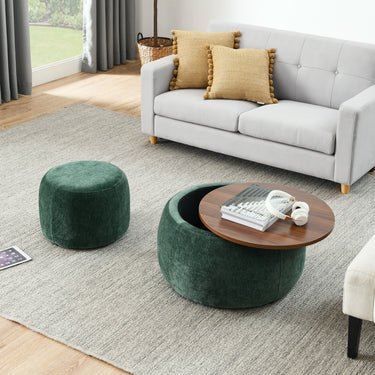 Round Storage Ottoman, 2 in 1 Function, Work as End table and Ottoman,with small seat,Green(25"x25"x14.7")MUTUKISPACE