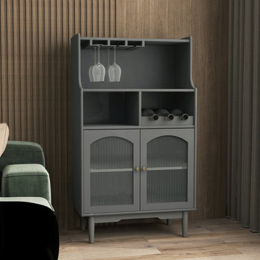 Living Room Grey color wine cabinet with removable rack and wine glass rack, one cabinet with glass doorsMUTUKISPACE