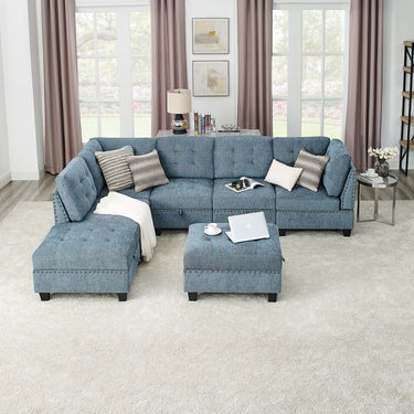 L shape Modular Sectional Sofa,DIY Combination,includes Three Single Chair ,Two Corner and Two Ottoman,Navy BlueMUTUKISPACE