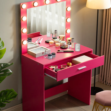 Vanity Desk with Mirror and Lights, Dressing Table with Large Drawer, 1 Level Storage Dresser & 3 Lighting Modes Adjustable Brightness, Suitable for Bedroom(Pink)MUTUKISPACE