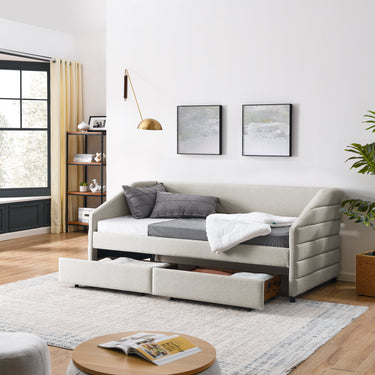 Twin Size Daybed with Two Drawers Trundle Upholstered Tufted Sofa Bed, Linen Fabric, Beige (82.5"x42.5"x34")MUTUKISPACE
