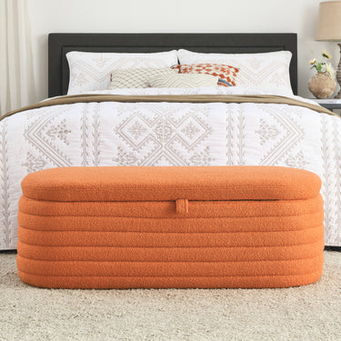 Welike Length 45.5 inchesStorage Ottoman Bench Upholstered Fabric Storage Bench End of Bed Stool with Safety Hinge for Bedroom, Living Room, Entryway, orange teddy.MUTUKISPACE