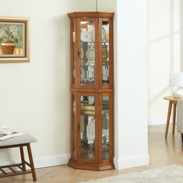 Lighted Glass Corner Curio Cabinet with Tempered Glass Door, Oak Bar Display Cabinet with Adjustable Shelves, Modern Corner Display Cabinet with BulbMUTUKISPACE