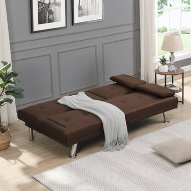 Sofa Bed with Armrest two holders WOOD FRAME, STAINLESS LEG, FUTON BROWN PVCMUTUKISPACE