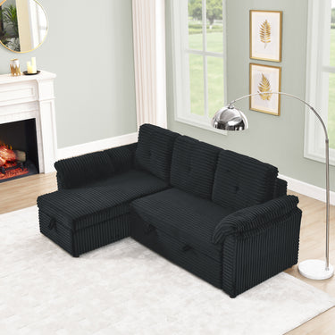 Corduroy Tufted Upholstered Sleeper Sectional Sofa, L - Shaped Modular Convertible Sofa with Reversible Storage Chaise, Pull Out Sleep Couch Bed and Reclining Backrest Perfect for Living Space, BlackMUTUKISPACE