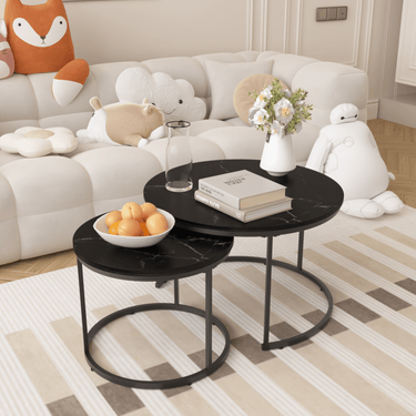 Nesting Coffee Table Set of 2, 27.6inch Round Coffee Table Wood Marble Pattern Top with Sturdy Metal Frame, End Table Side Tables for Living Room Bedroom Balcony Yard (Black)MUTUKISPACE