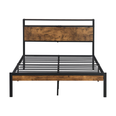 Full Size Metal Platform Bed Frame with Wooden Headboard and Footboard with USB LINER, No Box Spring Needed, Large Under Bed Storage, Easy AssembleMUTUKISPACE