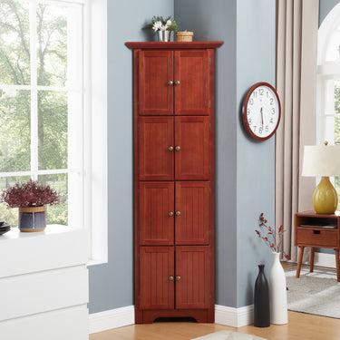 72" Tall Corner Pantry Cabinet with 8 Doors, Farmhouse Kitchen Storage Cabinet with Adjustable Shelves, Cherry Wood Freestanding Organizer for Kitchen, Bathroom, or Living RoomMUTUKISPACE