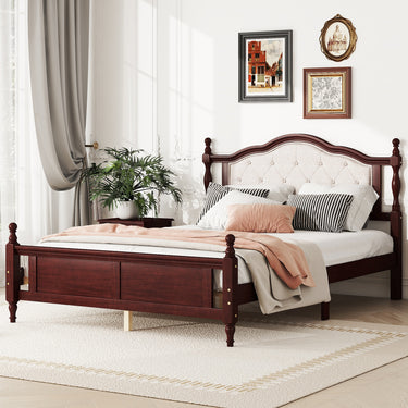 Classic Queen Bed Frame with Upholstered Headboard, Panel Footboard & Pine Wood Platform SupportMUTUKISPACE