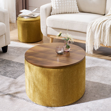 2 - Piece Set Round Chenille Storage Ottoman, Equipped with a Drum Shaped Small Stool, Storage Space, and MDF Made Desktop Panel (Dark Yellow 23.62"x23.62"x16.53")MUTUKISPACE