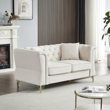 60.2" Chesterfield Sofa Beige Velvet for Living Room, 2 Seater Sofa Tufted Couch with Metal Foot and Nailhead for Living Room, Bedroom, Office, Apartment, two pillowsMUTUKISPACE