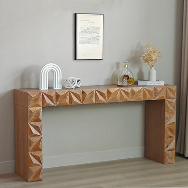 Modern Geometric Wooden Console Table – Dark Brown Finish with Handcrafted 3D DesignMUTUKISPACE